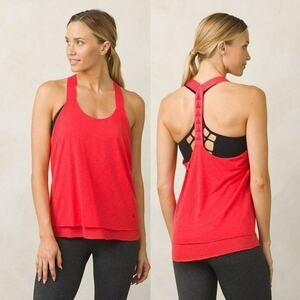Prana Tonga Tank Top Womens Large Coral Red Double Layer Racerback Embroidered